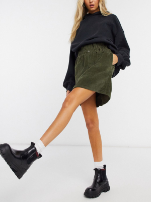 Noisy May Cord Mini Skirt With Paperbag Waist In Khaki