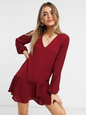 Asos Design Long Sleeve V-neck Mini Dress With Curved Hem In Oxblood