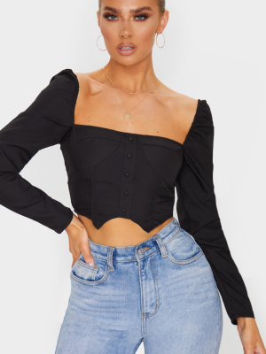 Black Woven Puff Long Sleeve Button Crop Top