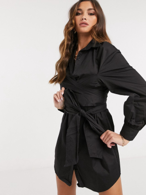 Saint Genies Wrap Tie Detail Long Sleeve Shirt Dress In Black