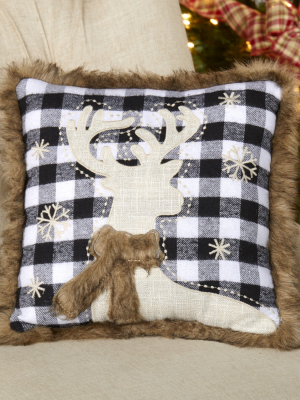 Lakeside Embroidered Black And White Plaid Reindeer Throw Pillow With Fur Trim