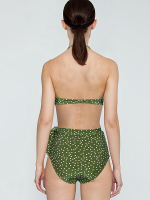 Hot High Waist Side Knot Bikini Bottom - Mille Punti Army Green Polka Dot Print