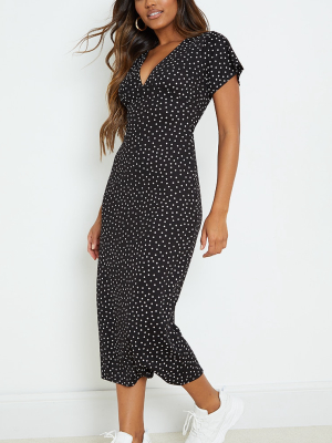 Black Polka Dot Ruched Bust V Neck Maxi Dress