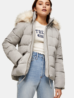 Gray Padded Puffer Jacket With Faux Fur Trim