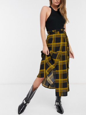 Asos Design Midi Skirt With Belt Detail In Mustard Plaid