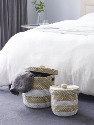 Olivia & May 13"x17" Set Of 2 Small Woven Striped Round Seagrass Basket With Lid White/natural