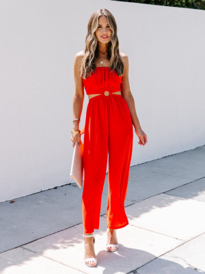 Dolled Up Strapless Cutout Jumpsuit - Tomato Red - Final Sale