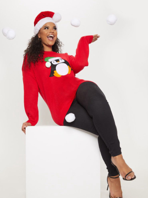 Plus Red Penguin Pom Pom Sweater