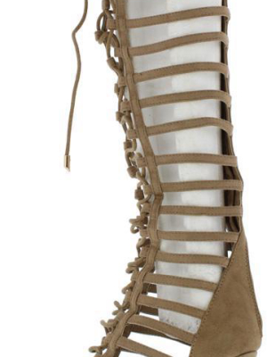 Mangosteen3 Beige Suede Gladiator Knee High Lace Upboot