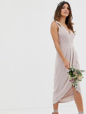 Tfnc Bridesmaid Exclusive Wrap Midi Dress In Taupe