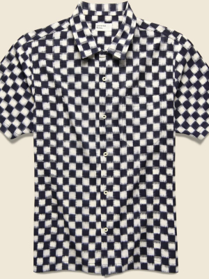 Double Ikat Chequerboard Road Shirt - Indigo/white