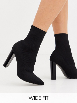 Asos Design Wide Fit Enhance Block Heel Sock Boots In Black Knit