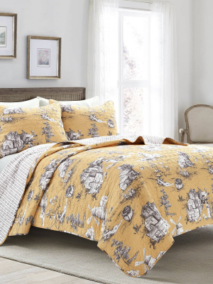 French Country Toile Cotton Reversible Quilt - Lush Décor