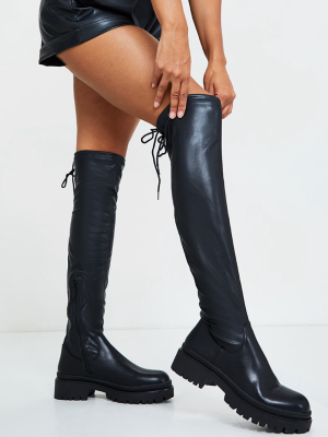 Black Pu Over The Knee Chunky Boots