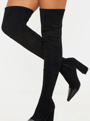Black Block Heel Faux Suede Thigh High Sock Boot