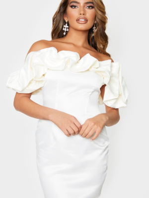 Cream Satin Ruffle Bardot Bodycon Dress