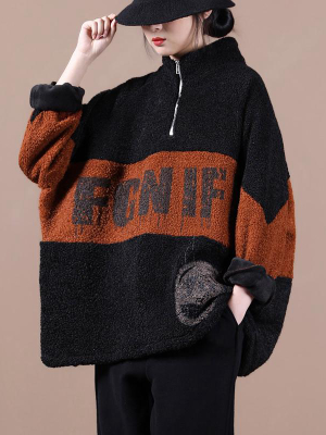 Women Winter Color Stitching Zipper Sweatshirt