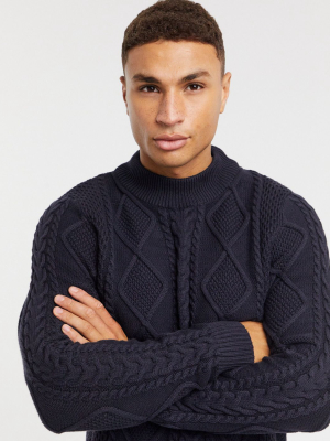 Jack & Jones Premium Cable Sweater With High Neck In Navy