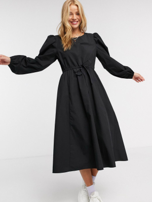 Monki Mallan Cotton Midi Smock Dress In Black