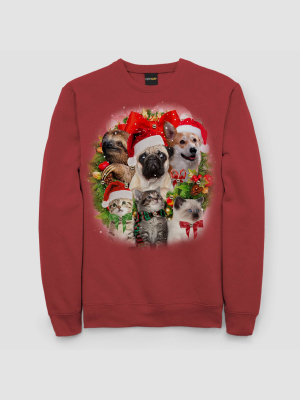 Men's Dog And Cat Wreath Ugly Christmas Holiday Fleece Sweatshirt - Red