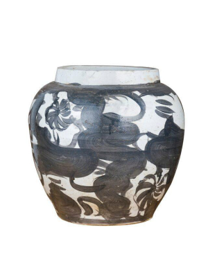 Twisted Flower Wide Open Top Jar, Black Porcelain