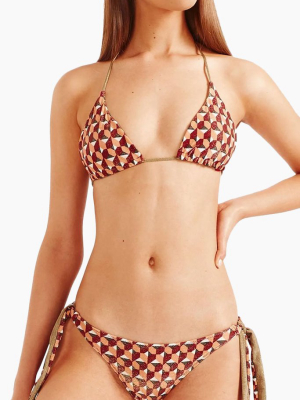 Nathalie Tara Reversible Triangle Bikini Top - Coral Geometric Print/taupe Brown