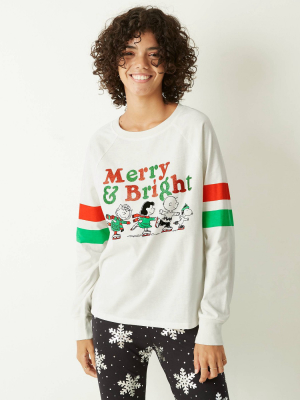 Women's Peanuts Merry And Bright Holiday Long Sleeve Graphic T-shirt - Ivory