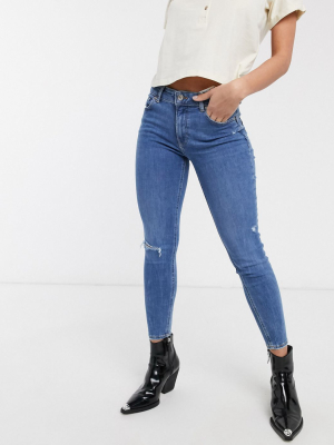 Bershka Skinny Push Up Jean In Mid Blue With Knee Rip