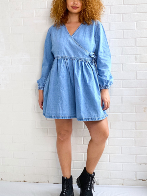 Plus Light Blue Wash Wrap Detail Denim Dress