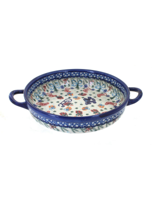 Blue Rose Polish Pottery Christmas Bounty Small Round Baker With Handles