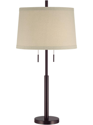 Possini Euro Design Modern Table Lamp Dark Bronze Metal Column Off White Burlap Shade For Living Room Family Bedroom Bedside