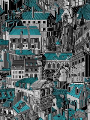 Paris Rooftops Wallpaper In Blue Vert From The Wallpaper Republic Collection By Milton & King