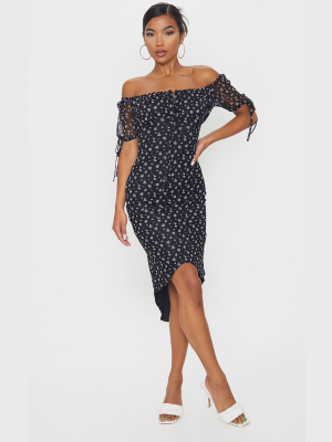 Black Ditsy Floral Mesh Short Sleeve Midi Dress