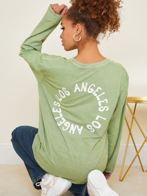 Sage Green La Oversized Long Sleeve T Shirt