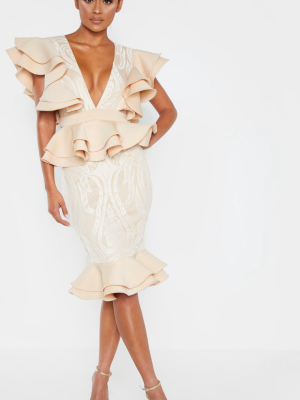 Nude Ruffle Detail Plunge Midi Dress