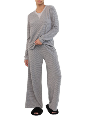 Feather Soft Top And Wide Leg Pant Set In Grey Stripe