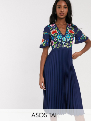 Asos Design Tall Pleated Embroidered Midi Dress In Navy