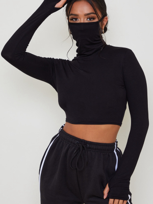 Petite Black Long Sleeve Face Mask Crop Top