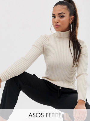 Asos Design Petite Roll Neck Sweater In Fine Knit Rib