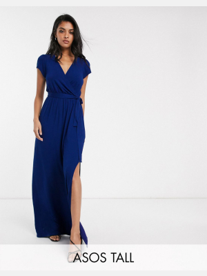 Asos Design Tall Tie Waist Wrap Front Maxi Dress In Navy