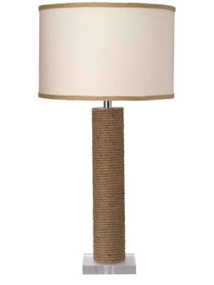 Cylinder Rope Table Lamp In Jute With Medium Drum Shade In White Linen With Natural Burlap Trim