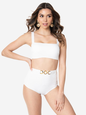 Kingdom & State 1970s White Texture Belted Swim Bottoms