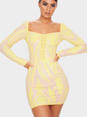 Yellow Sequin Patterened Long Sleeve Lace Up...