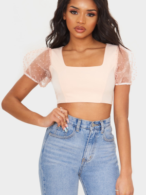 Petite Soft Baby Pink Organza Puff Sleeve Crop Top