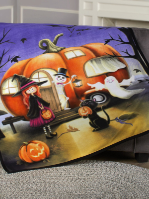 Lakeside Halloween Pumpkin Camper Camp Out Trailer Fleece Throw Blanket