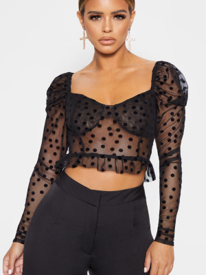 Petite Black Polka Dot Mesh Long Sleeve Top