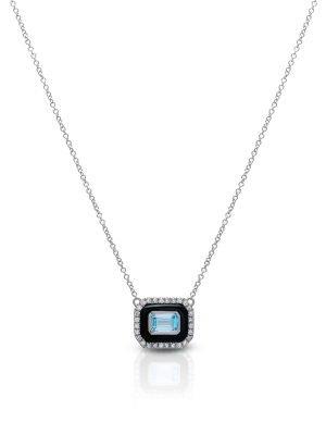 14kt White Gold Onyx Sky Topaz Diamond Necklace