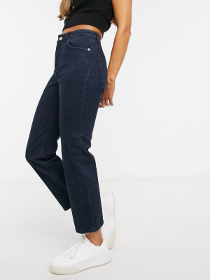 Asos Design High Rise Stretch 'slim' Straight Leg Jeans In Darkwash