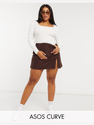 Asos Design Curve Denim Split Hem Skirt In Chocolate Corduroy