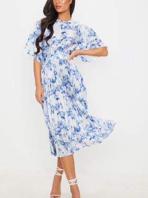 Pastel Blue Floral Print Open Back Pleated Midi...